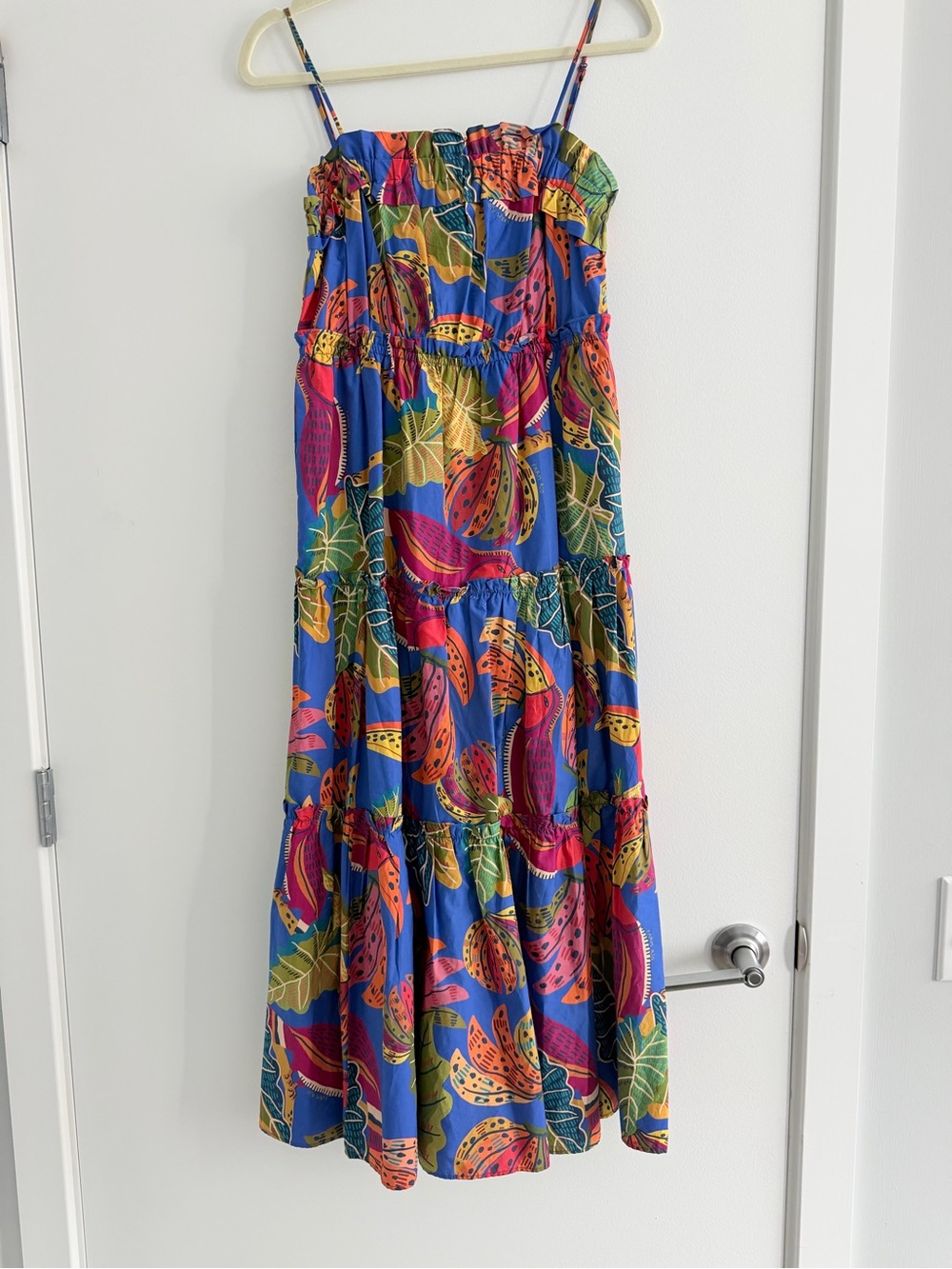 FARM Rio Bright Blue Tropical Tiered Maxi Dress with Multicolor Leaf Print